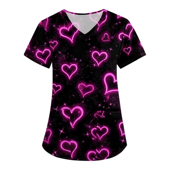 Nursing Uniforms For Women,Women's V-Neck Valentine's Day Printed Fashion Loose-Fit Short-Sleeve Nursing Scrubs Top with Pockets - Watermelon Red - XL