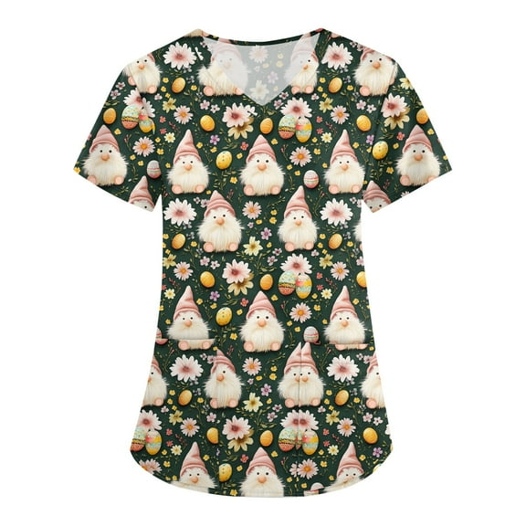 Nursing Uniforms,Womens Scrub Tops - Short Sleeve V-Neck Easter Printed Scrub Top Women Uniform Shirts with Side Pockets,Army Green,XXXXL
