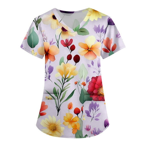 Nursing Uniforms for Women,Floral Pattern Nursing Tops - Side Slit Short Sleeve Scrub Blouse with Pockets - Purple - L