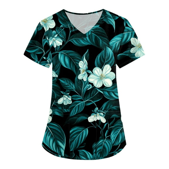 Nursing Uniforms for Women,Floral Print Medical Tops - Quick-Dry Scrub Blouse with Utility Pockets - Cyan - L