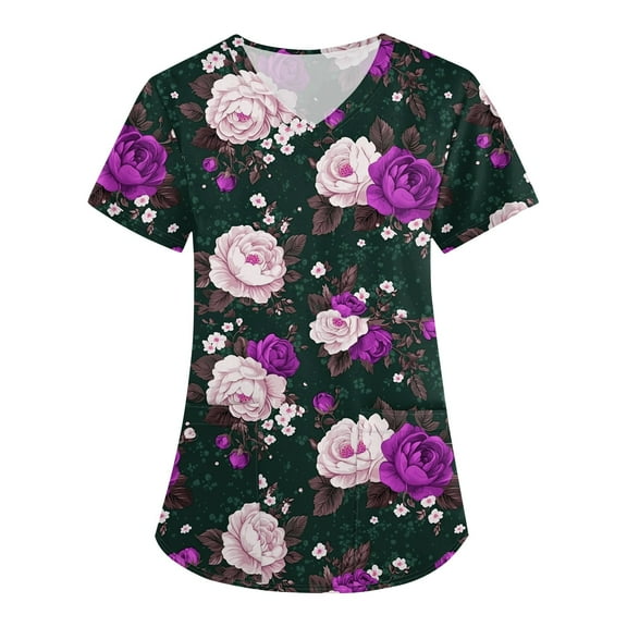 Nursing Uniforms for Women,Floral Print Medical Tops - Quick-Dry Scrub Blouse with Utility Pockets - Purple - XL