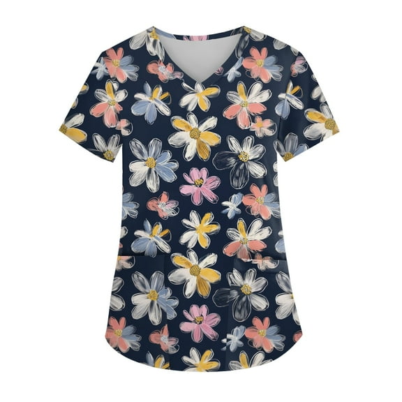 Nursing Uniforms for Women,Hawaiian Floral Nurse Tops - Lightweight Short Sleeve Scrub with Chest Pocket - Dark Blue - L