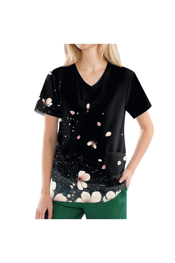 Nursing Uniforms for Women,Moisture-Wicking Nurse Tops for Women - Breathable V-Neck Scrub Top with Chest Pocket - Black - L