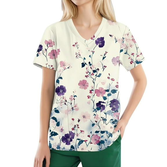 Nursing Uniforms for Women,Unisex Medical Scrub Tops Long Sleeve with Side Pockets - Floral Print Workwear for Nurses - Pink - XXXL