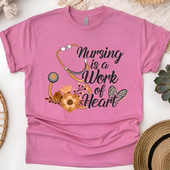 Nursing is a Work of Heart T-Shirt for Women, Floral Stethoscope Graphic Tee, Heliconia, Size 3XL