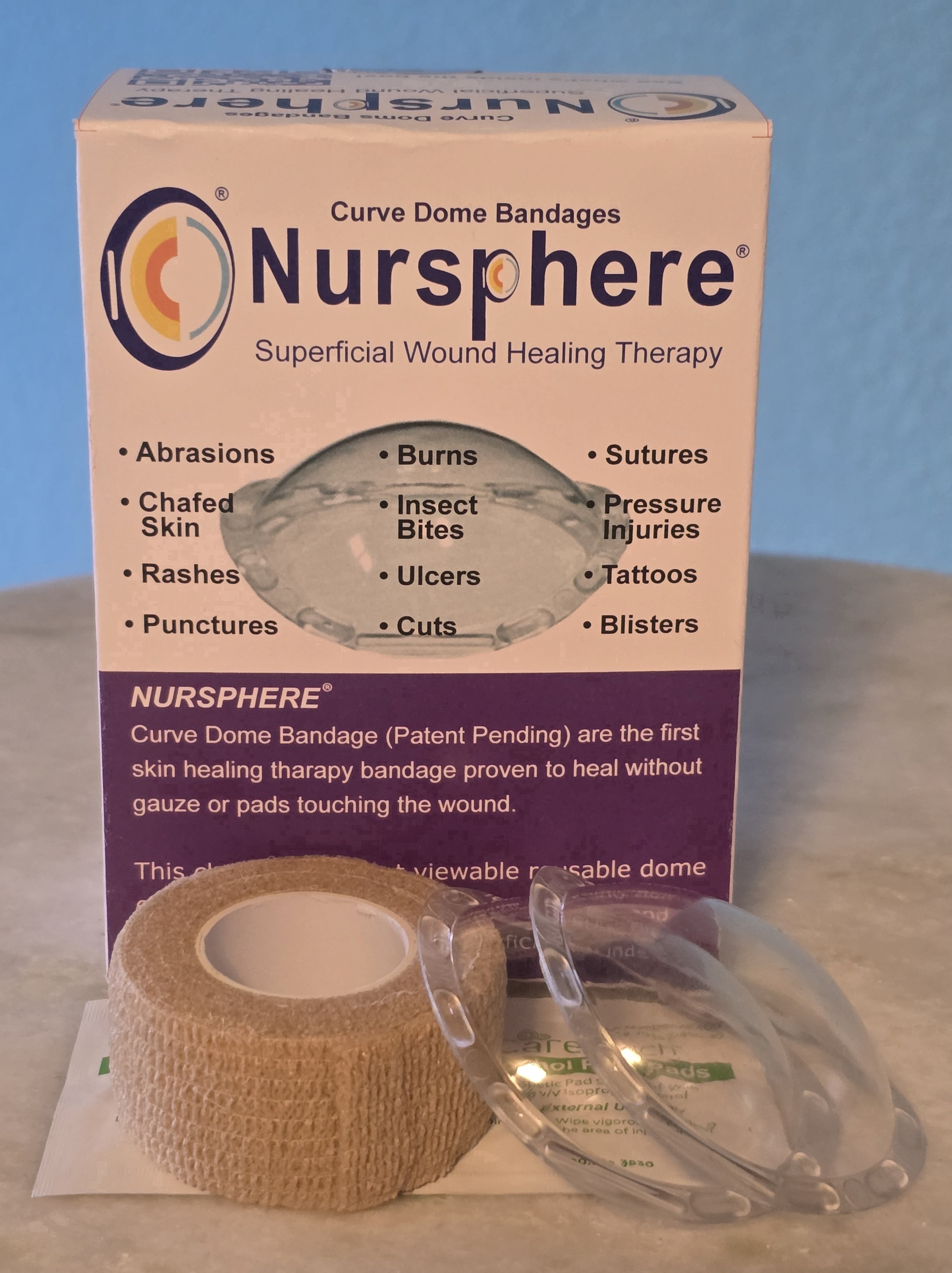 Nursphere® Curve Dome Bandages™ with Wound Tracker™ App U.S. Medical Utility Patent No. 12,636,195.