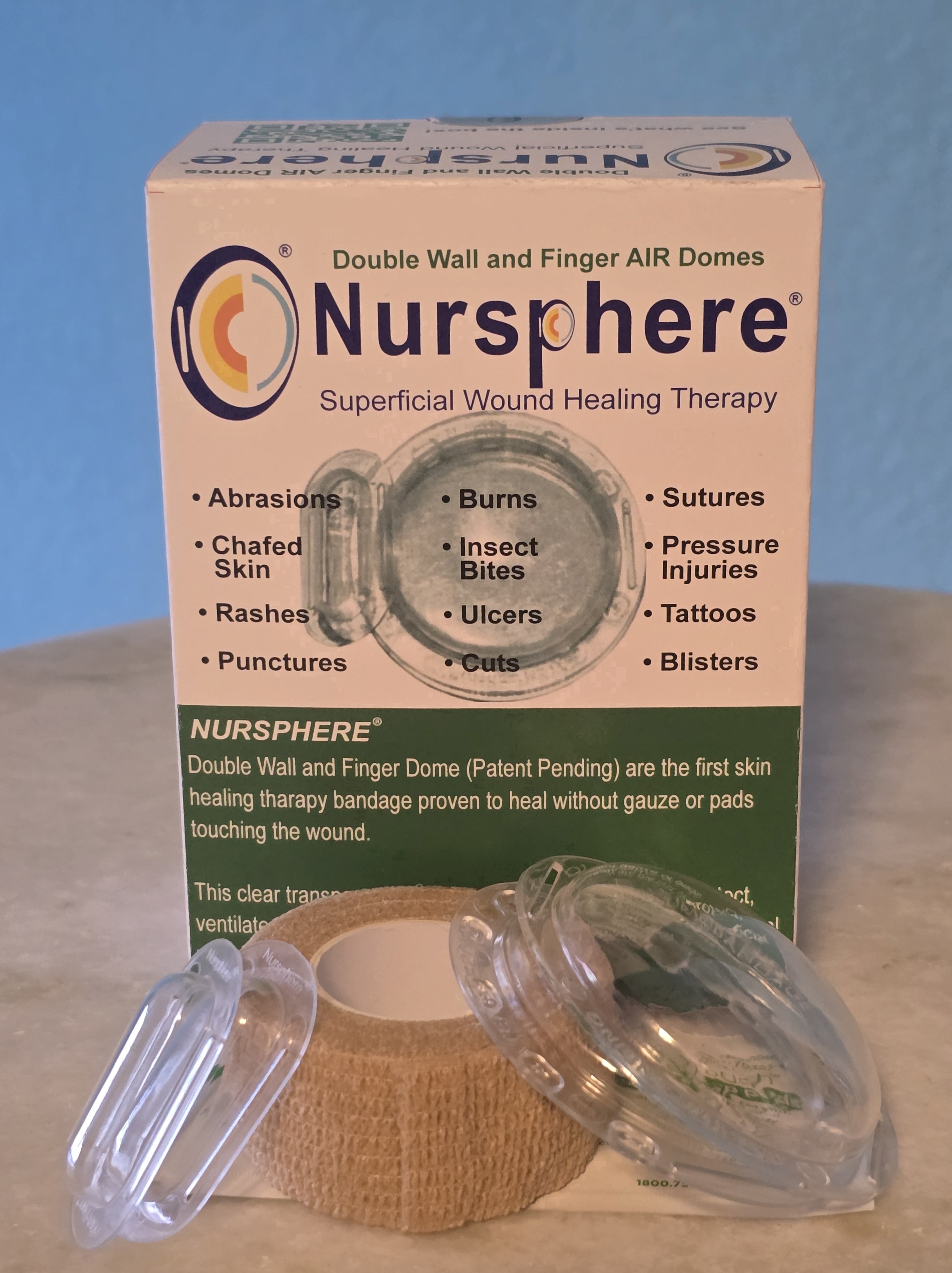Nursphere® Double Wall and Finger AIR Dome Bandages™ with Wound Tracker™ App U.S. Medical Utility Patent No. 12,636,195.