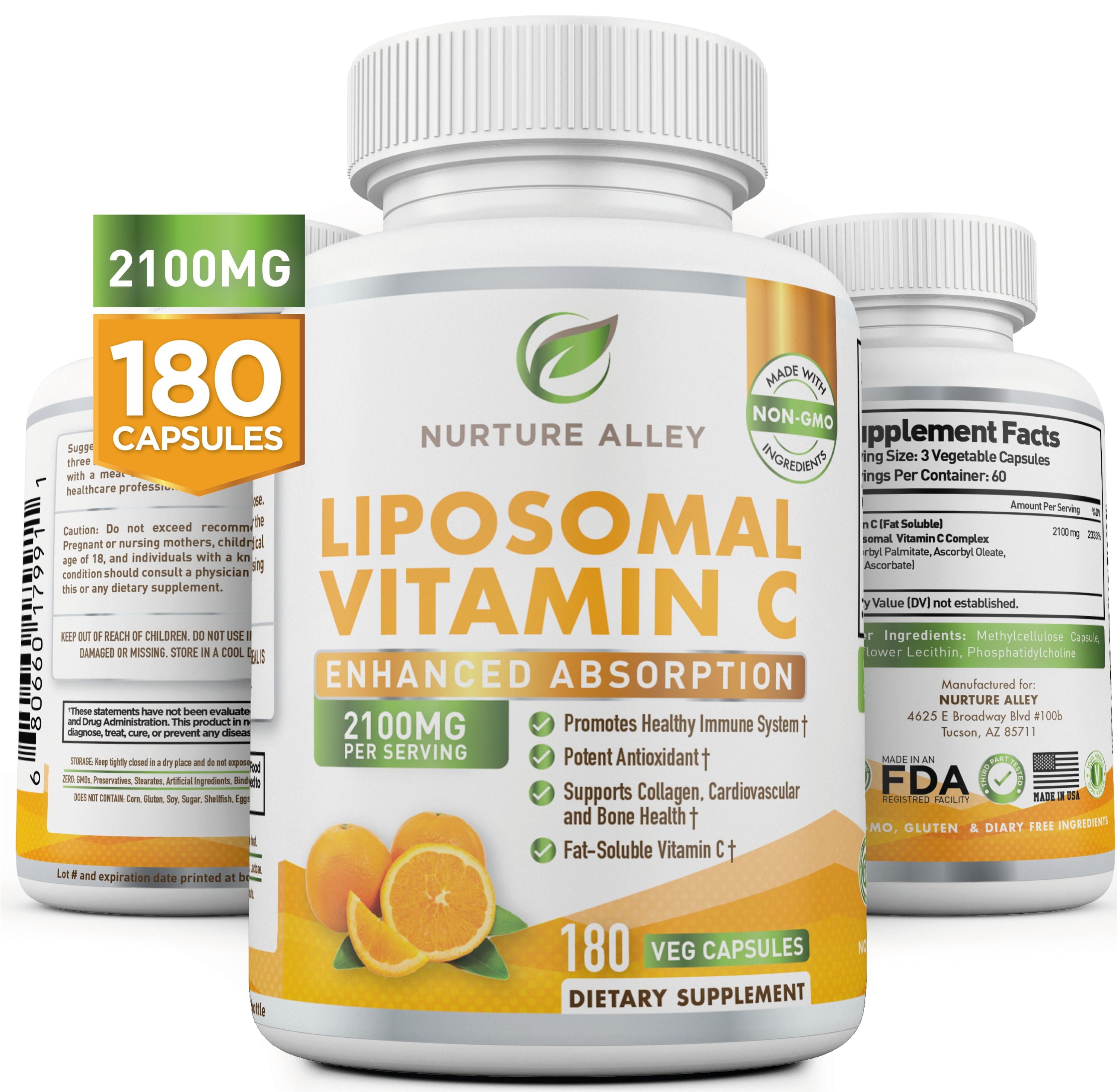 Nurture Alley Liposomal Vitamin C 2100mg, 180 Capsules - High Absorption Ascorbic Acid, Fat Soluble Vit C, Antioxidant Supplement, Collagen Booster, Non-GMO, Vegan Pills