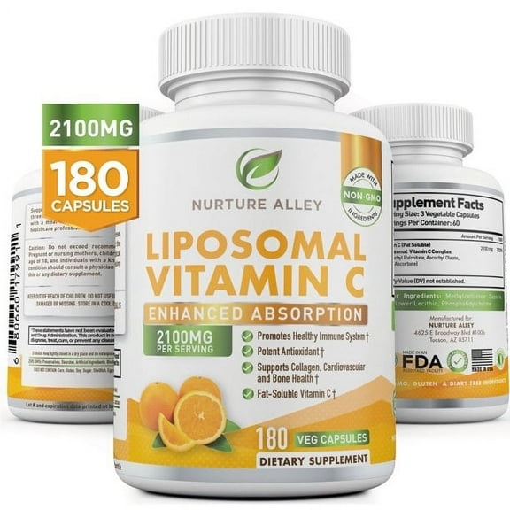 Nurture Alley Liposomal Vitamin C 2100mg-180 Capsules - High Absorption Ascorbic Acid - Supports Immune System and Collagen Booster - Powerful Antioxidant High Dose Fat Soluble Supplement- Vegan Pill