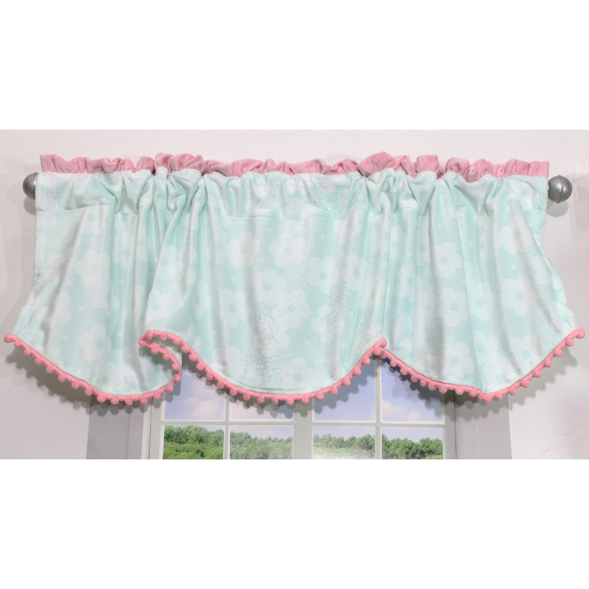 Aqua and Pink Floral Velour Window Valance with Pom Pom Trim