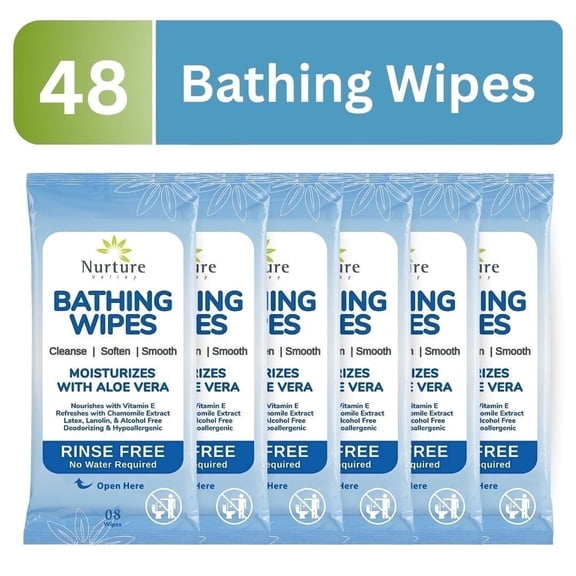 Nurture Rinse-Free Bathing Wipes for Adults, 48 Count Waterless Body Bath Wipes with Aloe Vera & Vitamin E, No-Rinse Disposable Shower Wipes for Elderly, Disabled & Bedridden Care