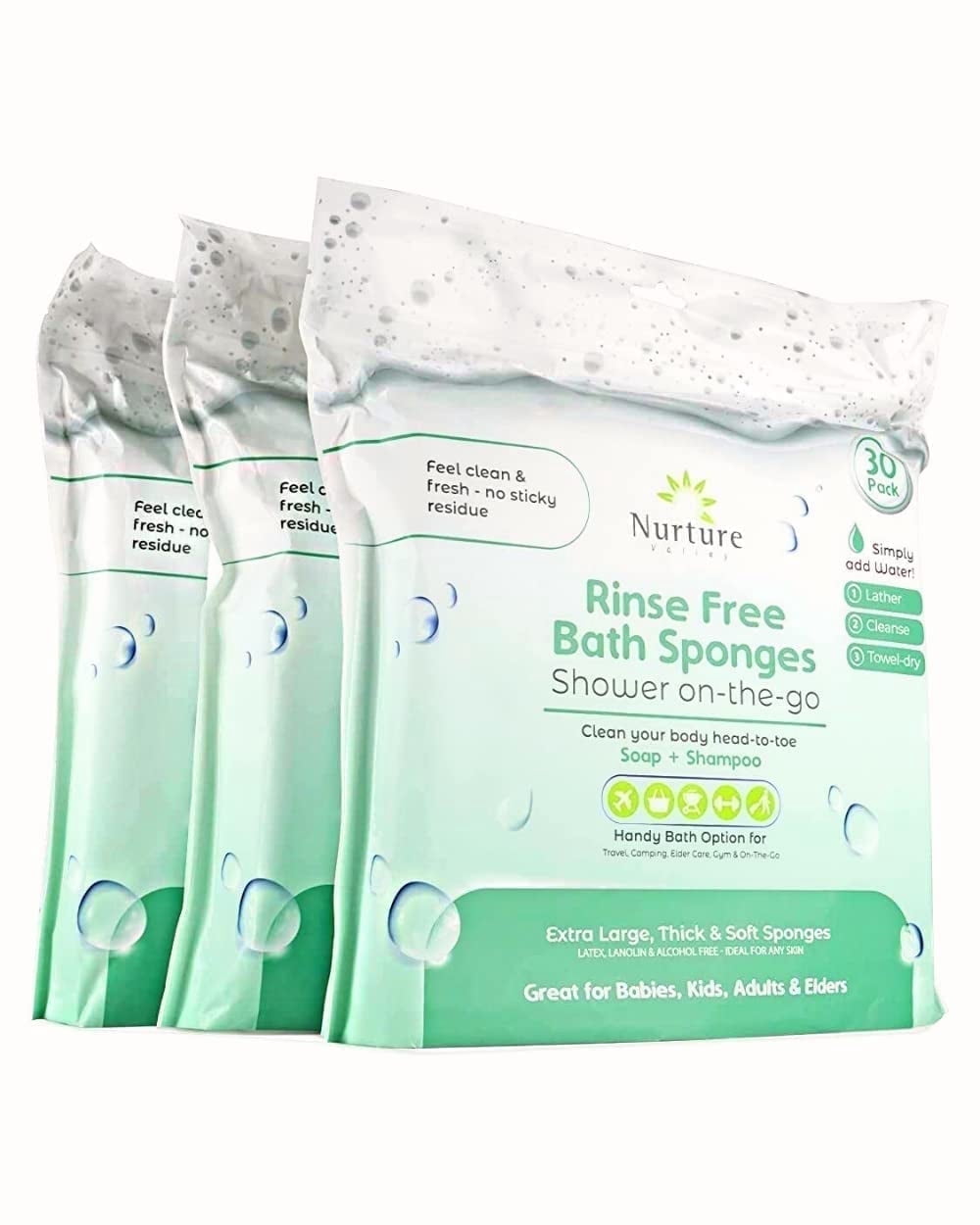 Nurture Sponge Bath Wipes, Large Disposable Wash Cloths for Adults, Seniors, & Bedridden, No Rinse Camping Travel Essentials, 90 Count