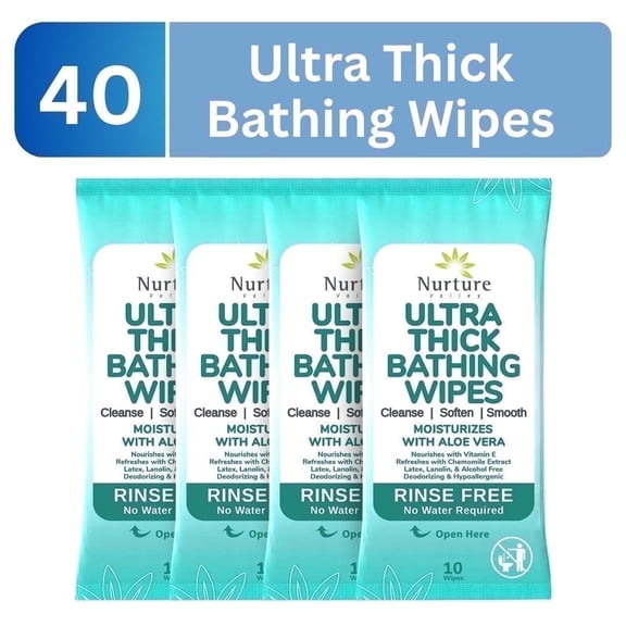 Nurture Ultra Thick Adult Body Wipes, 40 Extra Large Disposable Wet Cleansing Cloths with Aloe Vera, No Rinse Bath Wipe for Women, Men & Elderly