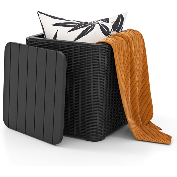 NurtureTail 11.5 Gallon Water-proof Deck Box, Outdoor Patio Storage Box w/Removable Lid &, Faux Rattan Storage Container Side Table, All Weather Patio Furniture Extra Seat for Poolside (Black)
