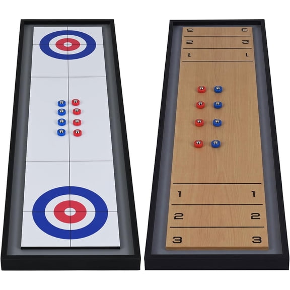 NurtureTail 2-in-1 Shuffleboard Game, Wooden Shuffleboard & Curling Tabletop Game Set with 8 Rolling Pucks, Portable Double-Sided Board Game for Adults, Family & Parties