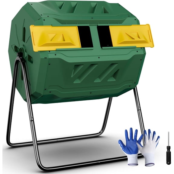 NurtureTail 43 Gallon Dual Chamber Tumbling Composter, BPA Free Rotating Compost Bin with Steel Frame, Sliding Doors for Easy Composting in Garden Yard-Green