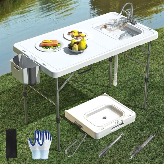 NurtureTail 50x27 Inch Bi-Folding Fish Cleaning Table, Portable Outdoor Camping Sink Station with Drain Hose, Trash Can, Gloves and Cleaning Kits for Fishing BBQ