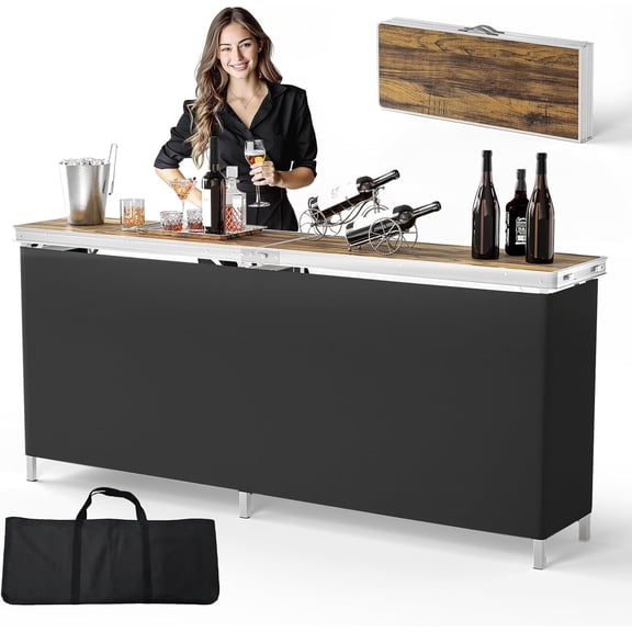 NurtureTail 78" Portable Bar Table with 2-Tier Shelves, Mobile Folding Bar Table with Black Skirt for Parties, Events, Camping & Trade Shows-Natural