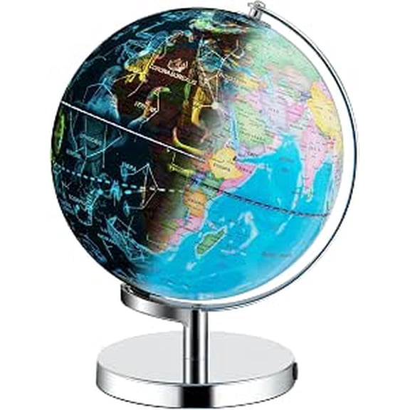 NurtureTail 9-Inch Illuminated World Globe, 3-in-1 Educational Globe with Geography Map, 88 Constellations & Night Light, Desktop Decor for Home, School & Office