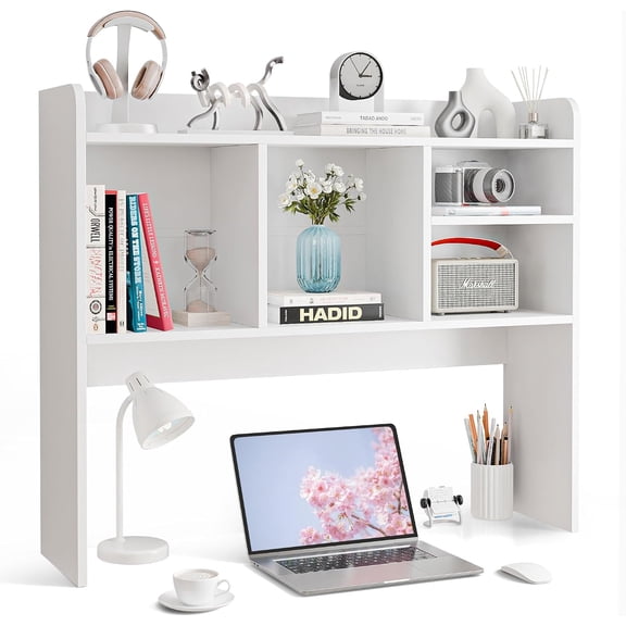 NurtureTail Desktop Bookshelf, 4-Tier Desk Hutch with 2-Tier Display Storage Rack, Wood Countertop Organizer for Computer Desk, Home Office, Dorm & Small Spaces, White