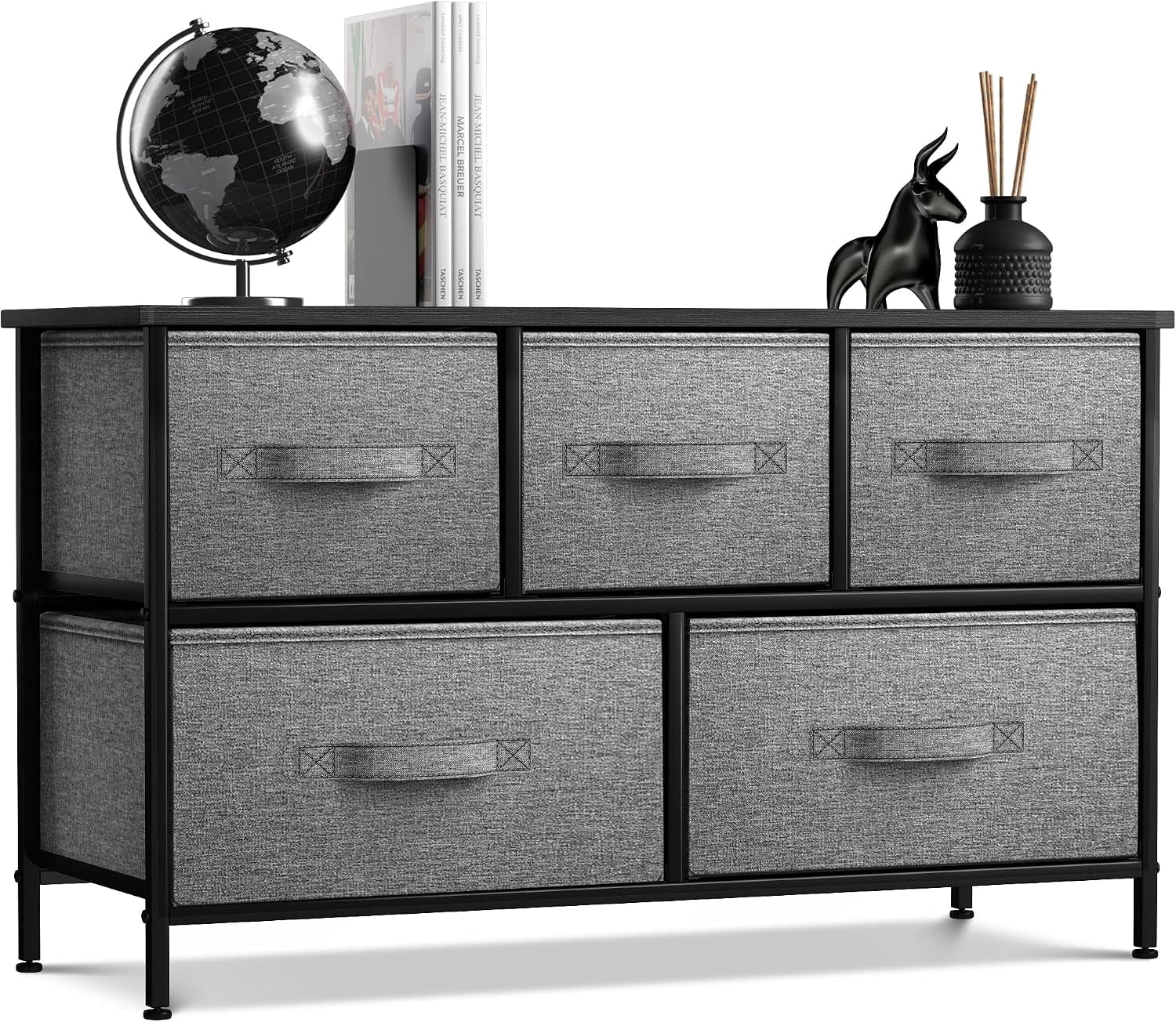 NurtureTail Dresser, 5-Drawer Storage, Wood Top & Fabric Drawers (Black ...