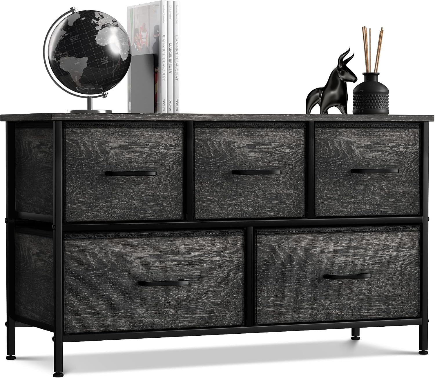 Storage Drawerws NurtureTail Dresser, 5-Drawer Storage, Wood Top & Fabric Drawers (Gray ...