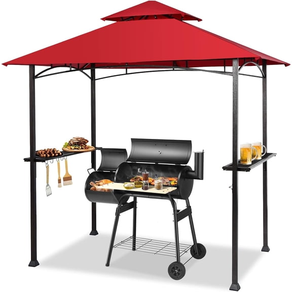 NurtureTail Grill Gazebo Outdoor Grill Shelter, 8ft x 5ft BBQ Canopy with Heavy Duty Steel Frame, Side Shelves, Hooks for Backyard Patio Camping(Burgundy)