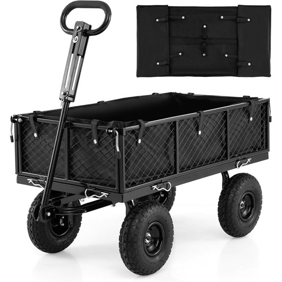 NurtureTail Heavy Duty Garden Cart, 880 LBS Metal Utility Wagon with Removable Oxford Cloth Liner, Mesh Sides, 10" Pneumatic Tires & 180 Rotating Handle for Yard & Lawn