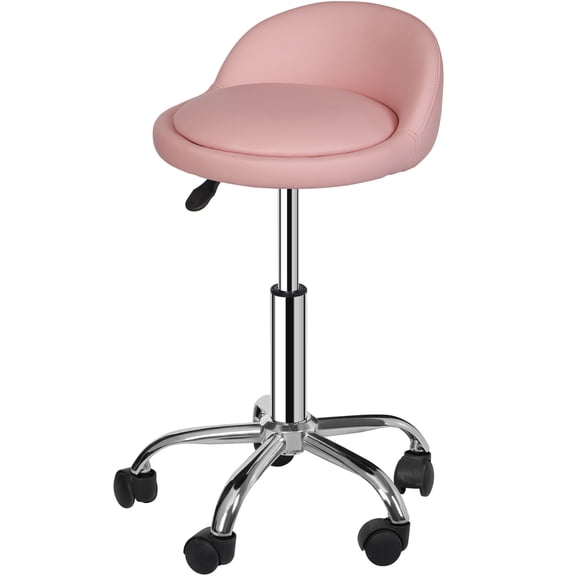 NurtureTail PU Leather Round Rolling Stool with Back Rest Height Adjustable Swivel Drafting Work SPA Task Chair with Wheels Pink
