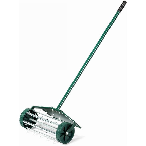 NurtureTail Rolling Lawn Aerator, 18-Inch Garden Yard Rotary Push Tine Heavy Duty Spike Soil Aeration, Manual Lawn Aeration Tool w/ 41-Inch Handle (Green w/Fender)