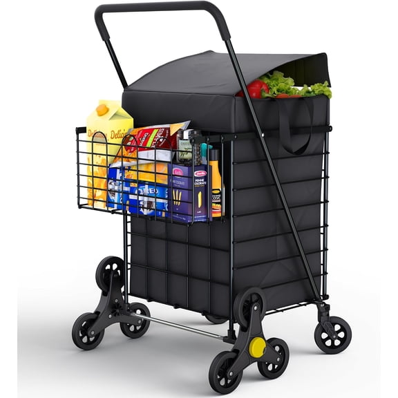 NurtureTail Stair Climbing Shopping Cart with 360° Swivel Wheels & Waterproof Basket Liner, Foldable Lightweight Utility Cart for Groceries Laundry Travel, Set of 3 Back Wheels - Black