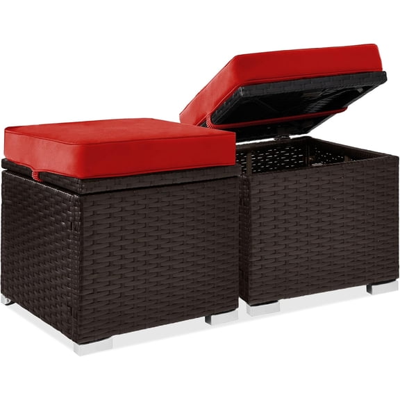 NurtureTail Wicker Ottomans Set of 2, Outdoor Patio Storage Ottoman with Removable Cushion, Multipurpose Footrest Side Table for Backyard, Garden, Deck and Extra Seating - Red/Brown