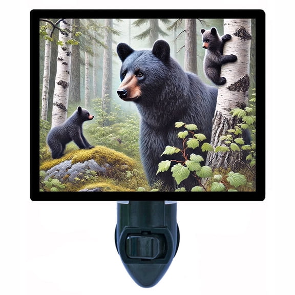 Nurtured by Nature Night Light  Black Bear with Cubs in Mossy Forest and Birch Trees, Wildlife Cabin Lodge Dcor  Includes Free Switchable Insert
