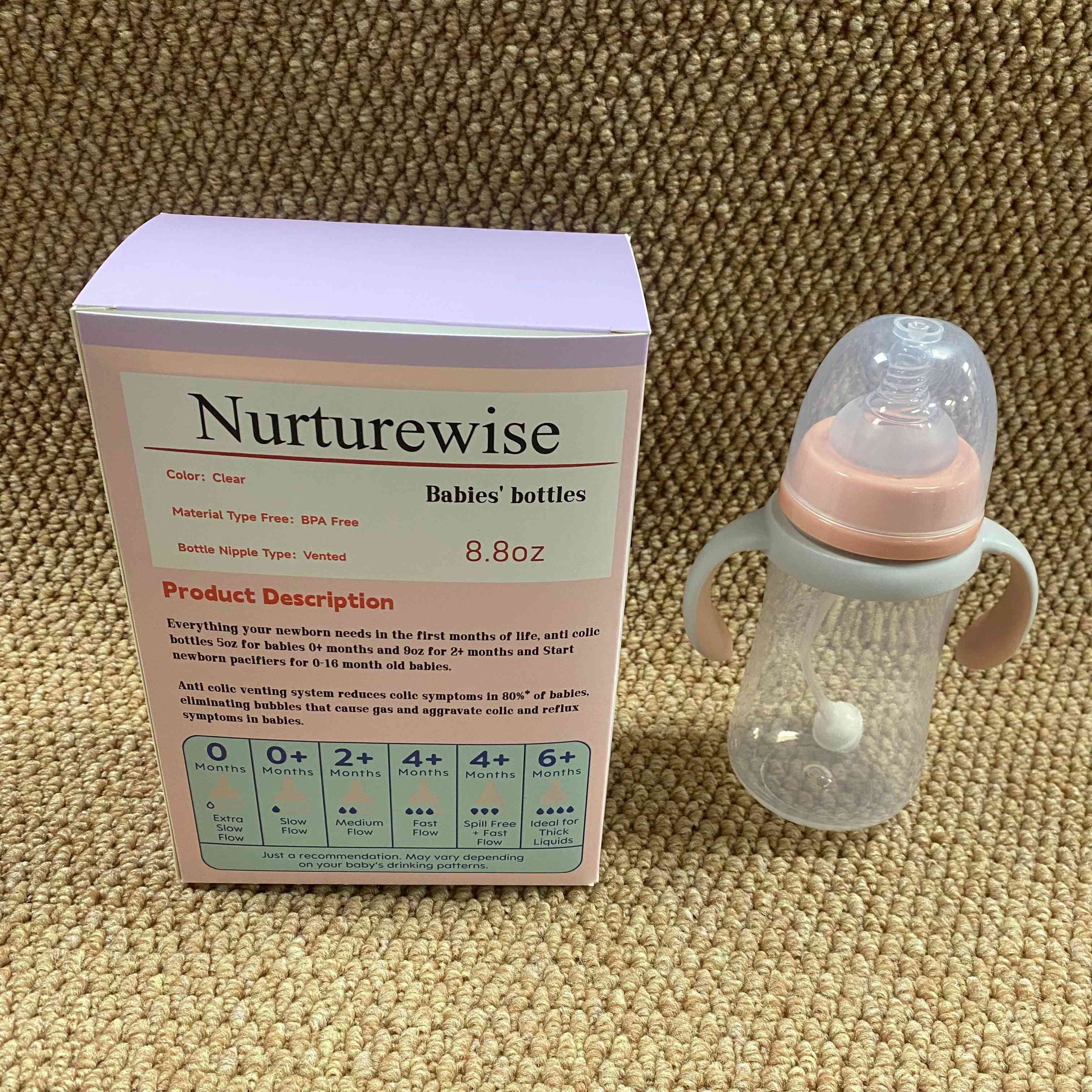 Nurturewise Babies' bottles,Bottle with Natural Response Nipple, Wide Neck Bottles with Handle, Newborn Anti-Colic Bottles Gift Set, Clear (8.8oz)