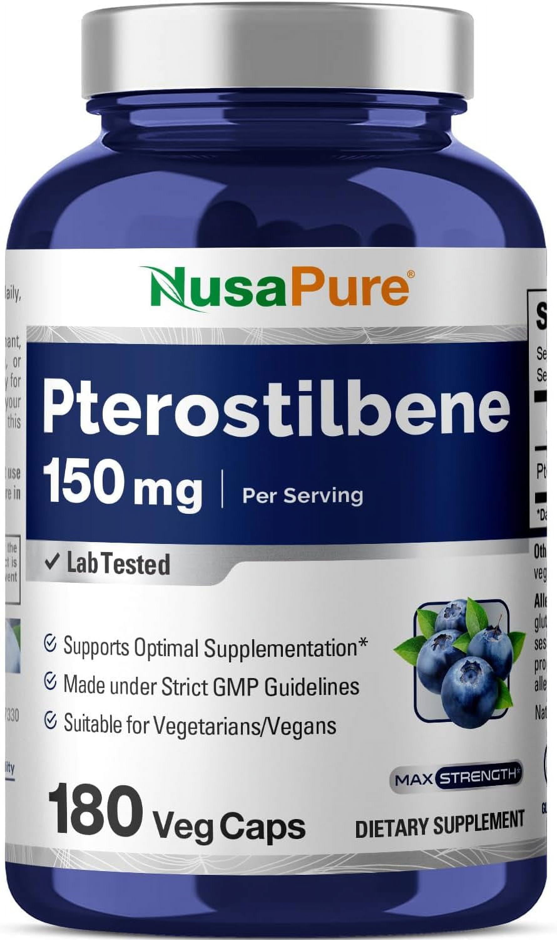 NusaPure Pterostilbene 150mg, 180 Veggie Capsules, Dietary Supplement ...