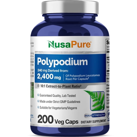 NusaPure 2400mg Polypodium Leucotomos Extract: 200 Veggie Capsules for Wellness & Better Health, Non-GMO, Vegan, Dietary Support Unisex Adult