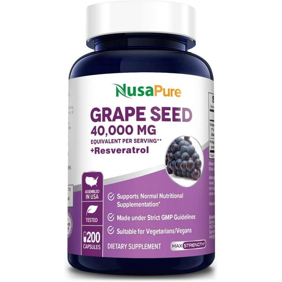 NusaPure 40,000mg Grape Seed Extract: 200 Vegan Capsules for Standardized, Gluten-Free, Dietary Supplement for Unisex Adult Heath & Wellness