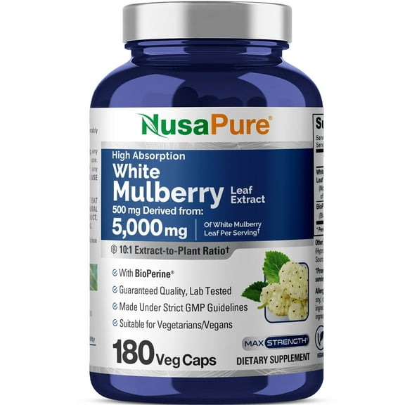 NusaPure 5,000mg White Mulberry Leaf Extract 180 Veggie Caps with Bioperine, a Vegetarian Dietary Supplement Promoting Adult Wellness, Better Health, and a Unisex Approach