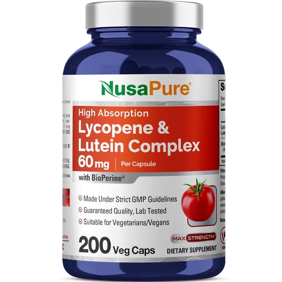 NusaPure 60mg Lycopene & Lutein Complex 200 Veggie Capsules, Non-GMO & Vegan, Dietary Supplement for Unisex Adult Health & Wellness