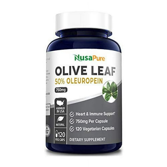 NusaPure 750mg Olive Leaf Extract 50% Oleuropein, Vegan, Super Strength (Non-GMO, Gluten-Free) 120 Capsules, Dietary Supplement for Unisex Adult Health & wellness