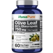 NusaPure 750mg Olive Leaf Extract 60 Caps, Non-GMO, Gluten-Free, 50% Oleuropein, Unisex Dietary Supplement for Adult Health & Wellness