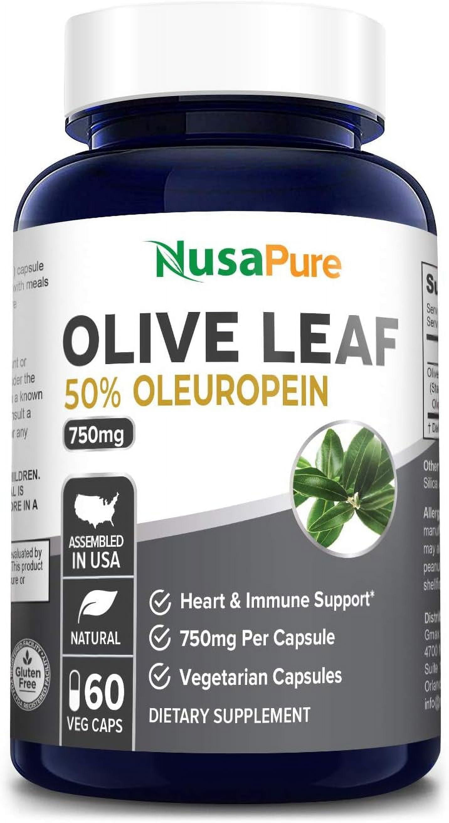 NusaPure 750mg Olive Leaf Extract 60 Caps, NonGMO, GlutenFree, 50