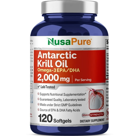 NusaPure Antarctic Krill Oil 2000 mg 120 Softgels | Omega-3 EPA 360mg, DHA 240mg, with Astaxanthin Supplement Sourced from Krill 800ppm | Maximum Strength