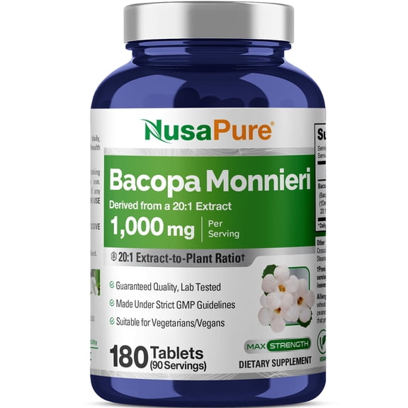 NusaPure Bacopa Leaf Monnieri Capsules, 1000 mg, 180 Tablets (Non-GMO, Vegan)