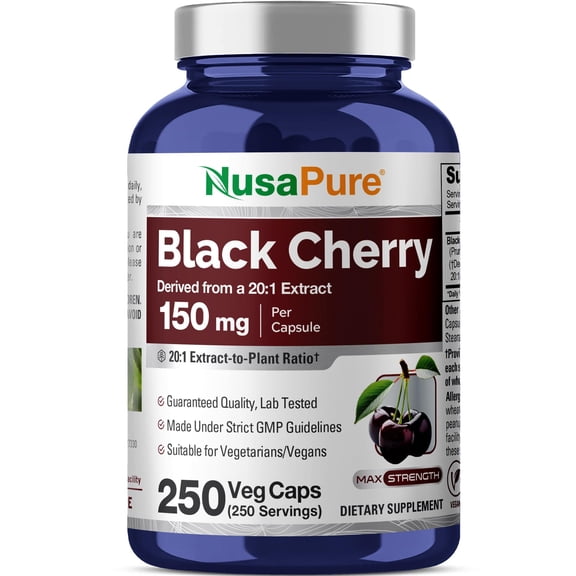 NusaPure Black Cherry Extract 150mg 250 Veg Capsules Max Potency, Non-GMO, Bioperine