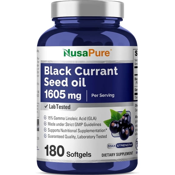 NusaPure Black Currant Seed Oil 1605 mg Gamma Linoleic Acid (GLA) 15% 180 Softgels (Non-GMO, Soyfree)