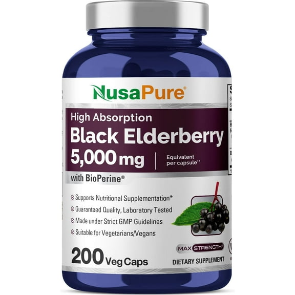 NusaPure Black Elderberry 5000mg per Veggie Capsules, 200 Count (Non-GMO, Bioperine) Sambucus Supplement