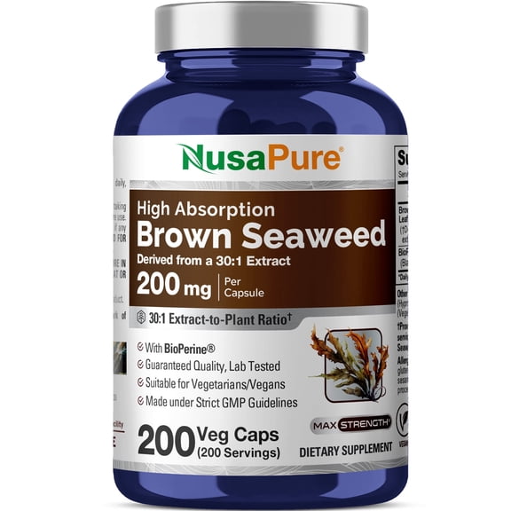 NusaPure Brown Seaweed Capsules, 200 mg, 200 Veg Capsules (Non-GMO, Vegan)