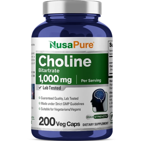 NusaPure Choline Bitartrate 1000 mg 200 Veggie Capsules (Vegetarian, Non-GMO)