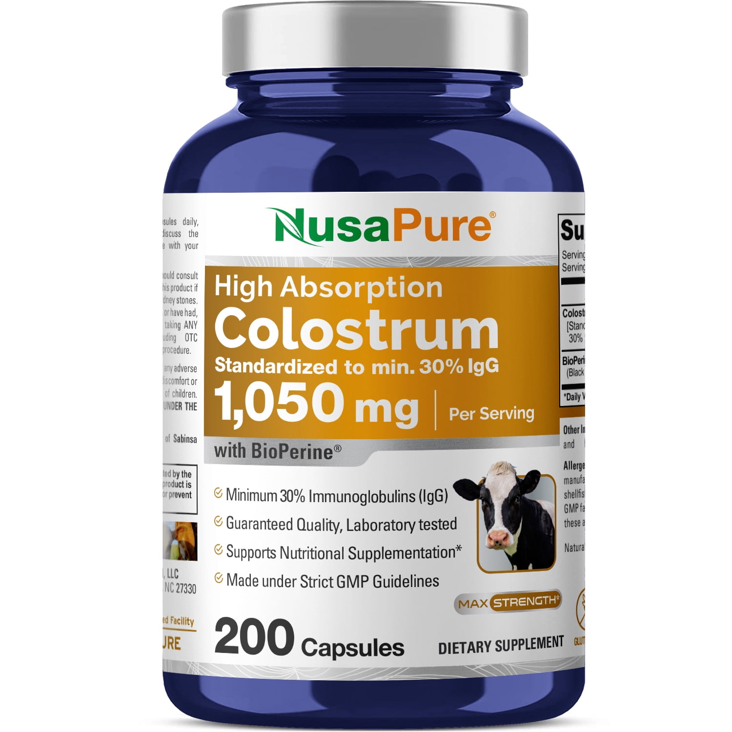 NusaPure Colostrum 1050mg Enhance Wellness with 30% IgG, 200 Caps - Non-GMO, Gluten-Free, Enriched with Bioperine for Better Health, Dietary Supplement for Adult Health & Wellness - Made in USA